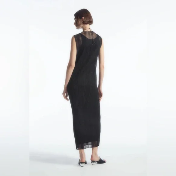 COS Sheer Plissé Midi Dress (Black) Size Large - Picture 9 of 9